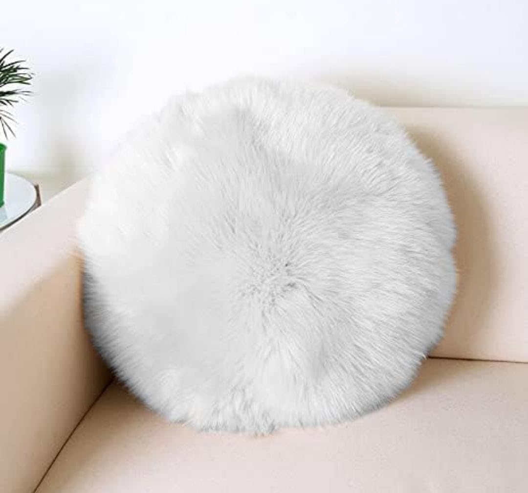White Round Shaped HandStitched Faux Fur Decorative Throw Cushion/Pillow Cover Case | Soft And Fluffy Pillowcase For Home Dcor 
