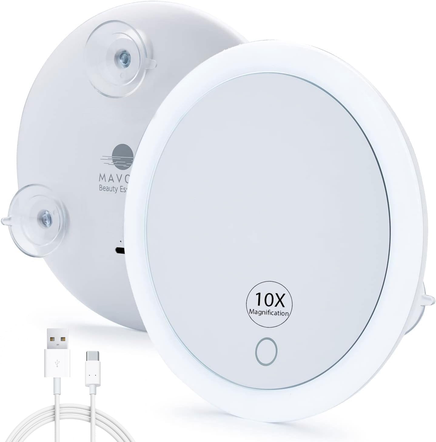 Mavoro Triple Suction Cup Magnifying Mirror With Light | Rechargeable | Magnified 10X Mirror Backlit Led Mirror. Compact, Portab