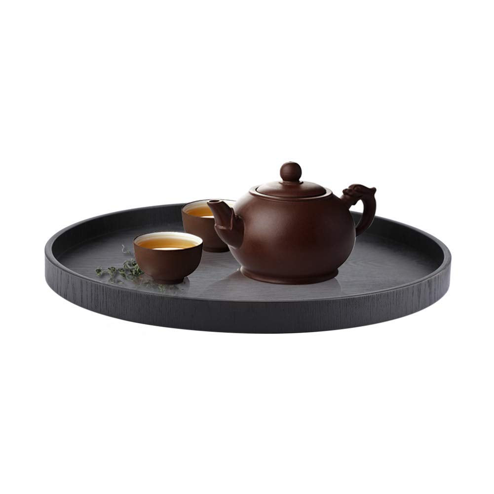 Round Shape Solid Wood Food Meals Serving Tray Tea Coffee Snack Plate Home Kitchen Restaurant Trays 37.5Cm(Black)
