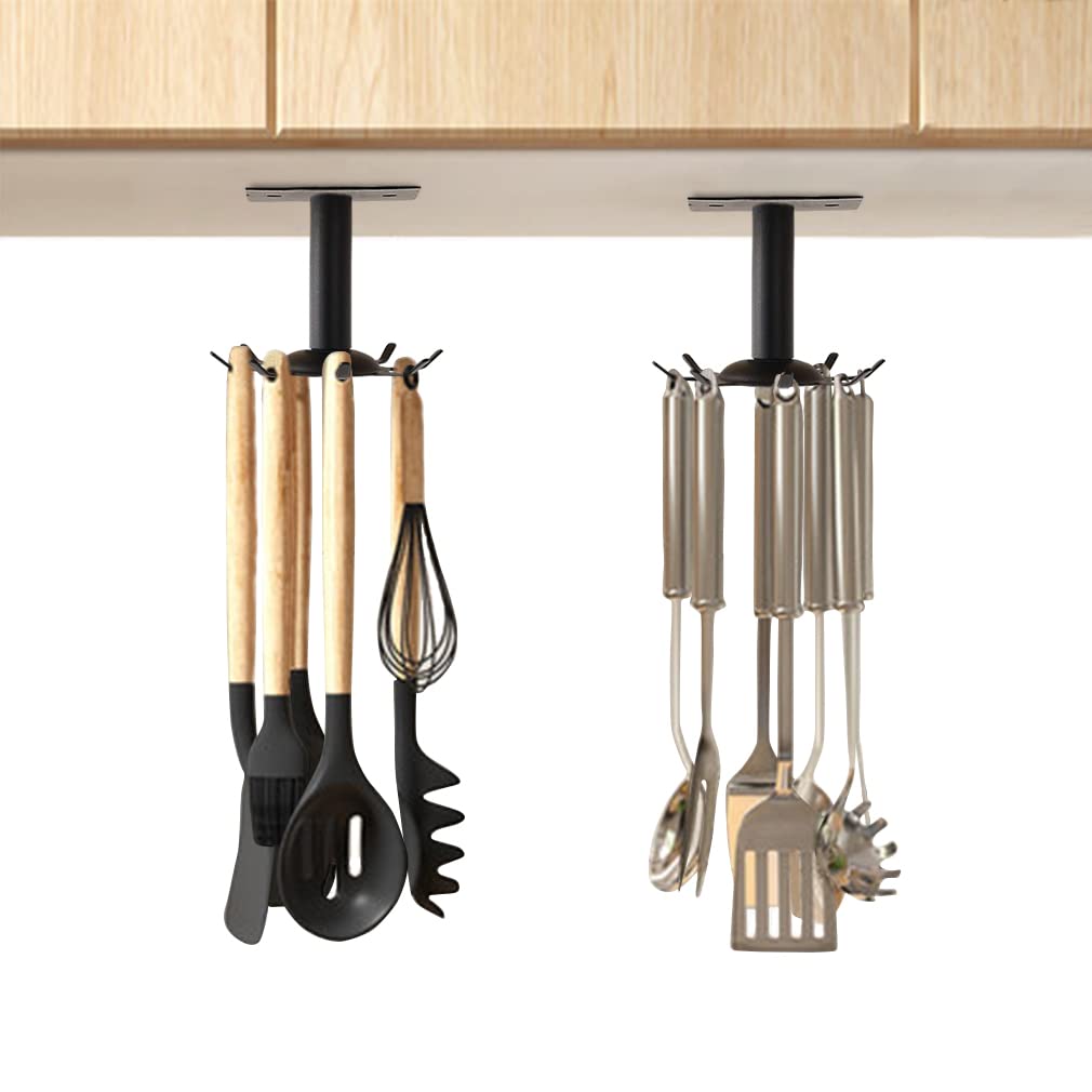 Aosome 2 Pcs Utensil Under Cabinet Holder 360 Rotating Stainless Steel Kitchen Utensil Holder Hangers 8-Hooks