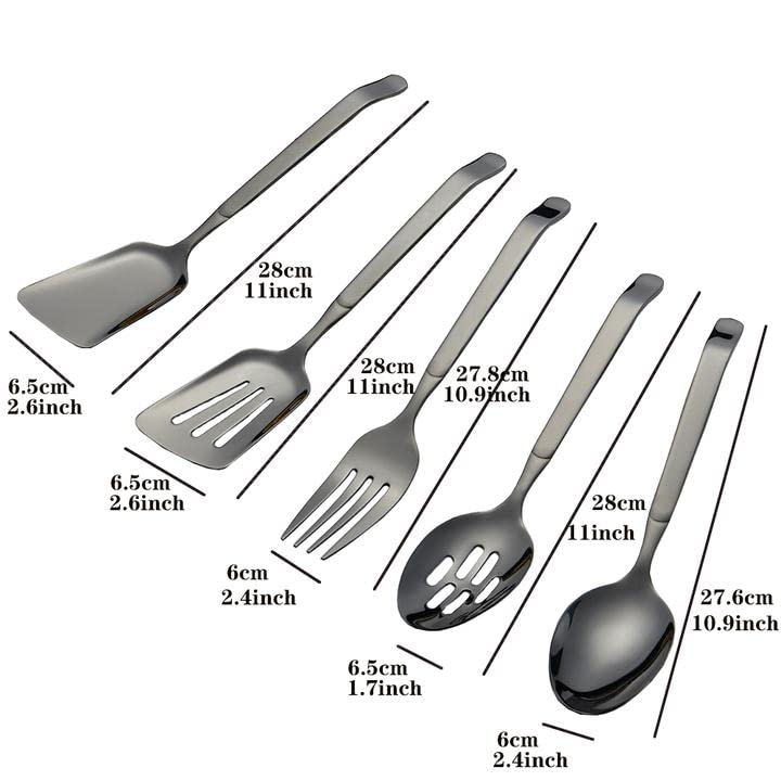 5 Pcs Black Kitchen Utensils Set Slotted Spactula Wide Turner Serving Spoon Slotted Spoon Dinner Fork Cooking Tool Set