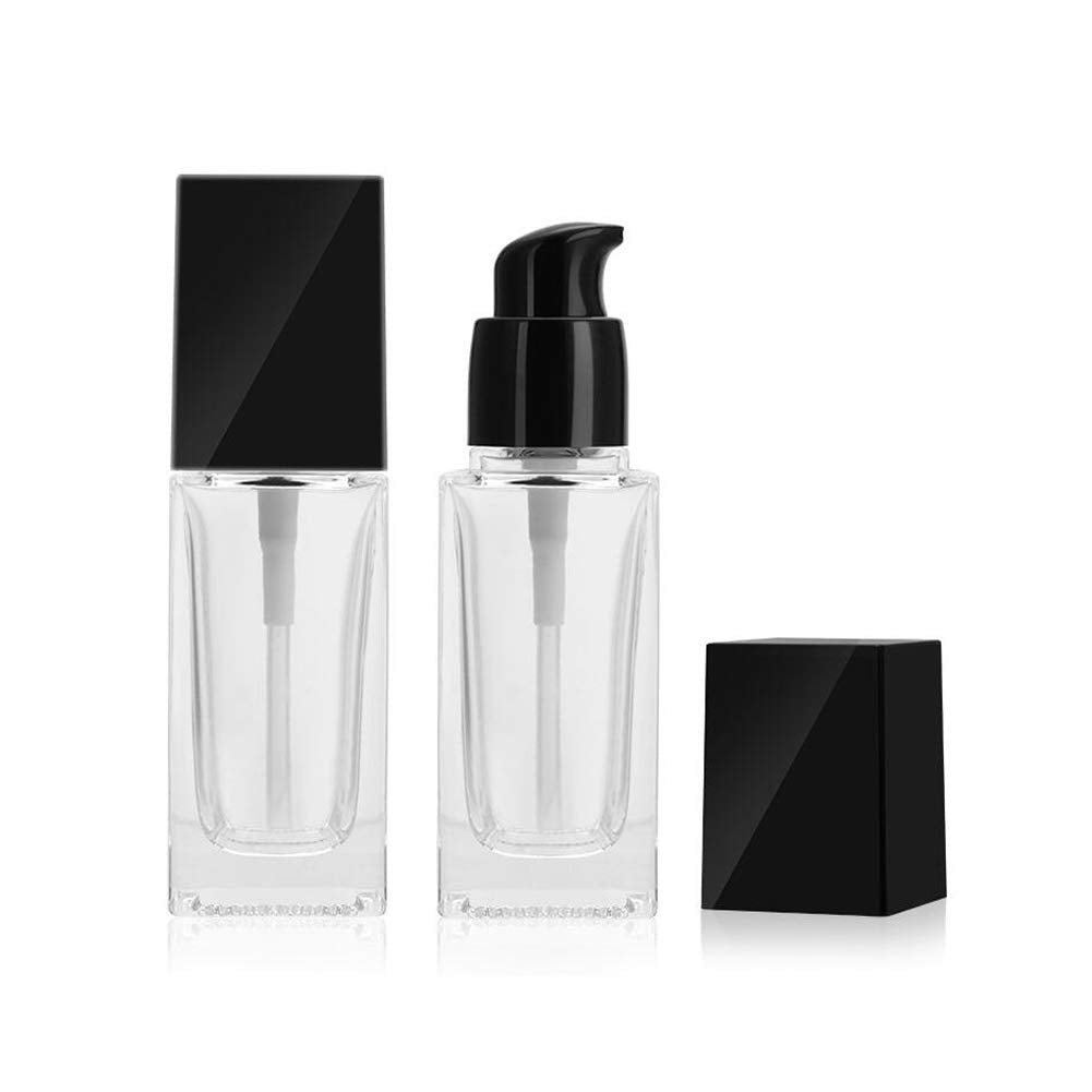 2Pcs 1Oz Square Glass Pump Bottles Clear Lotion Containers With Black Pump Head Empty Travel Vials For Foundation Cleanser Essen