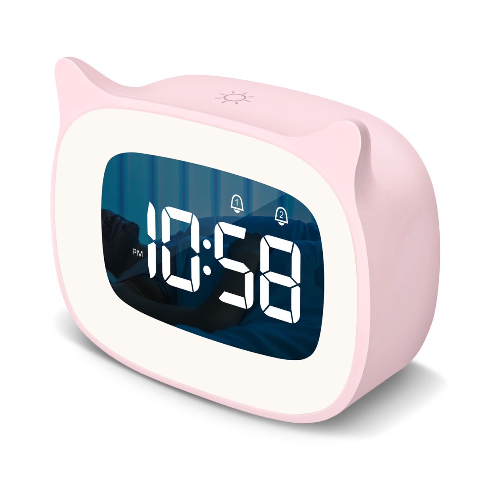 SMOUPING Kids Alarm Clock with Night Light & 18 Ringtones,Rechargeable,Cute Cat Ear Clock for Boys Girls Birthday Presents,Digit