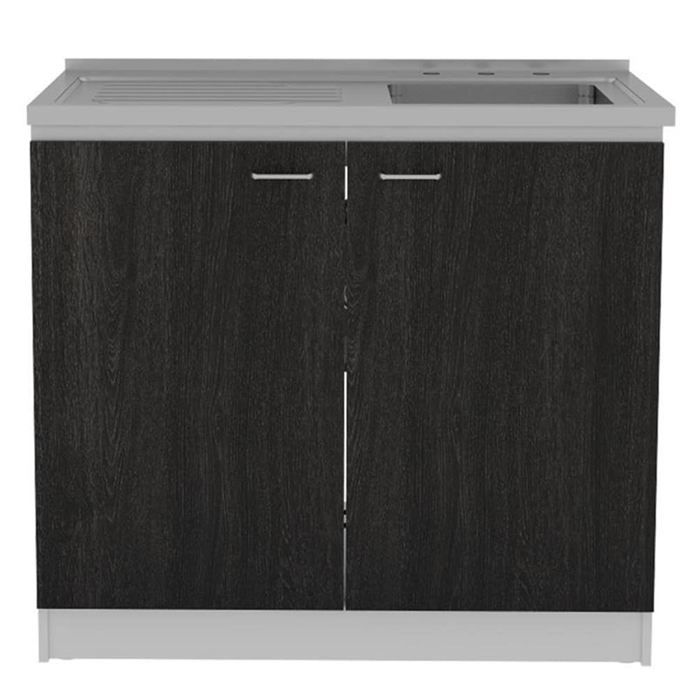 TUHOME Napoles Utility Sink With Cabinet  Aluminium Countertop  Two-Door Cabinet  Metal Handle  Sink  Two Shelves  Black  For Kitchen Room