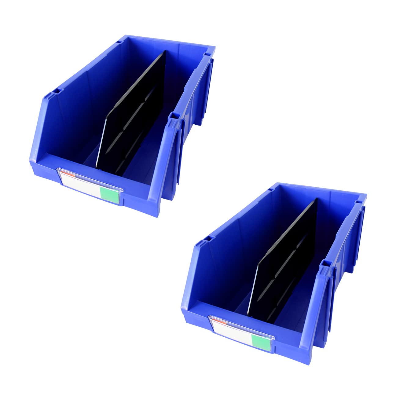Djc Supply Heavy Duty Thermoplastic Storage Bin Organizer, Stackable, Hangable, Side-Connect (Blue (2 Pack), Large V2 8.4'' X 14