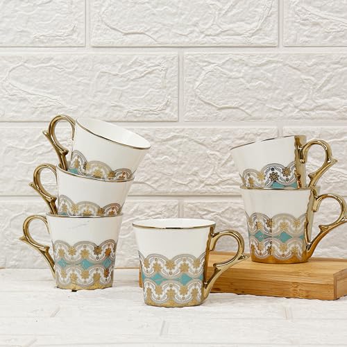 Femora Golden Royal Turquoise Pattern Tea Mugs, Ceramic Tea Cups, Coffee Mugs (180 Ml, Golden)  6 Pcs Set (Not Microwave Safe)