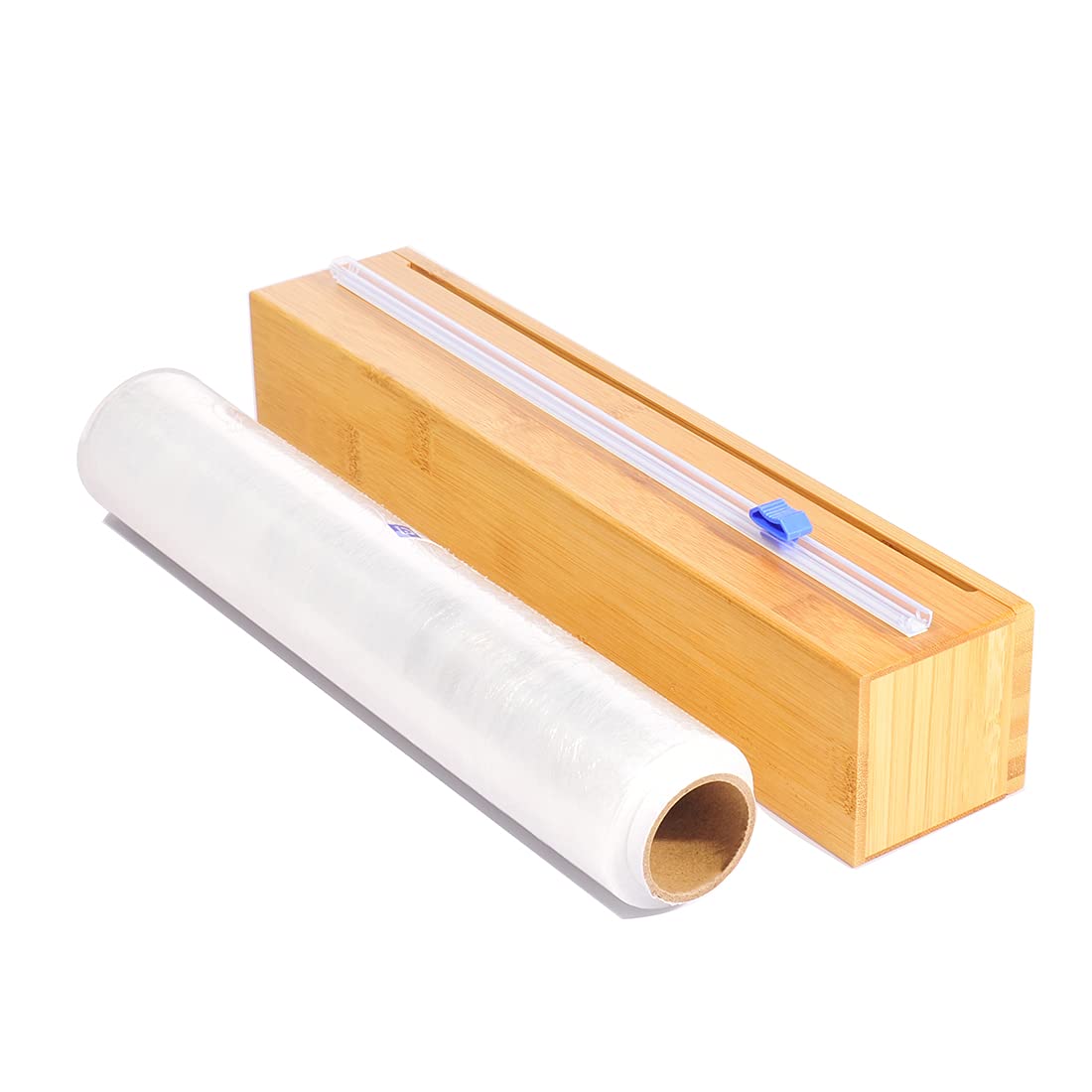 Plastic Wrap Dispenser, Bamboo Wood Cling Food Wrap Dispenser, With Slide Cutter & A Roll Of 11.5'' X300 Ft Bpa Free Plastic Wra