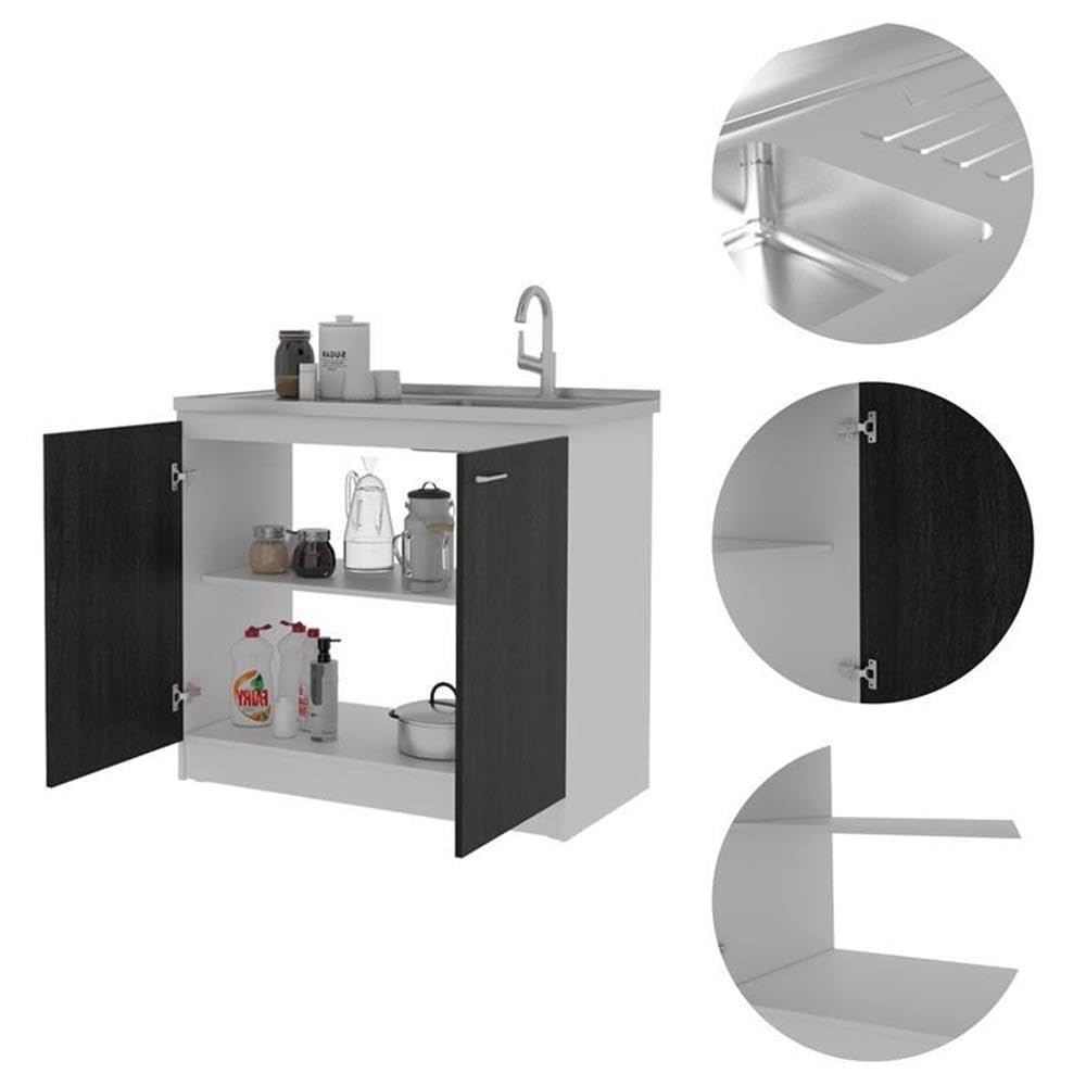 TUHOME Napoles Utility Sink With Cabinet  Aluminium Countertop  Two-Door Cabinet  Metal Handle  Sink  Two Shelves  Black  For Kitchen Room