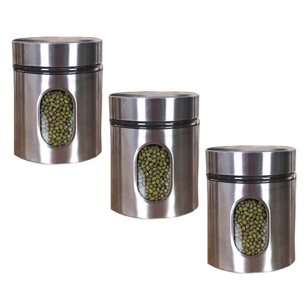 Home Craf 350 Ml Pack Of 3 Stainless Steel Plated Glass Kitchen Canister, Airtight Food Storage Window Canister Jar, Visible Win