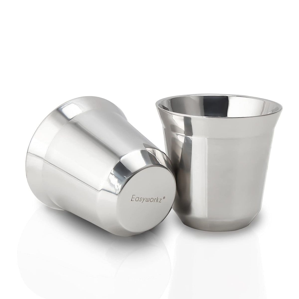Easyworkz Stainless Steel Espresso Cup 2Pcs Set Double Wall Insulated Metal Demitasse Cups (Silver, 2.5 Oz)