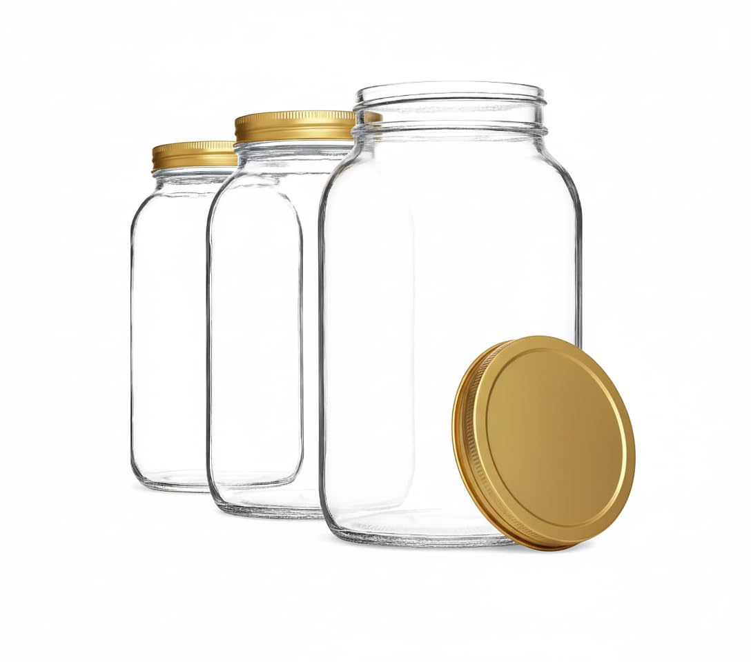 kitchentoolz Set of 3 One Gallon Large Glass Jar with Lid - Wide-Mouth Gallon Mason Jar for Sun Tea, Pickling, Kombucha - 1 Gall