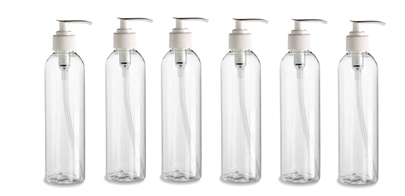 Natural Farms 6 Pack  8 oz Clear Cosmo Plastic Bottles  White Pump  for Essential Oils, Perfumes