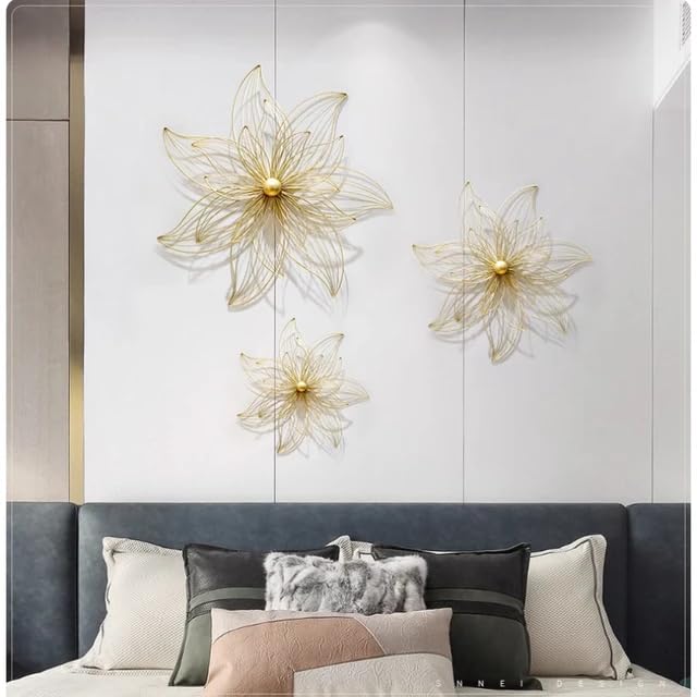 Zove Metal Set Of 3 Pieces Golden Flowers Wall Art Hanging Perfect For Home, Hotel, Restaurant, Living Room Decoration (24 X 24