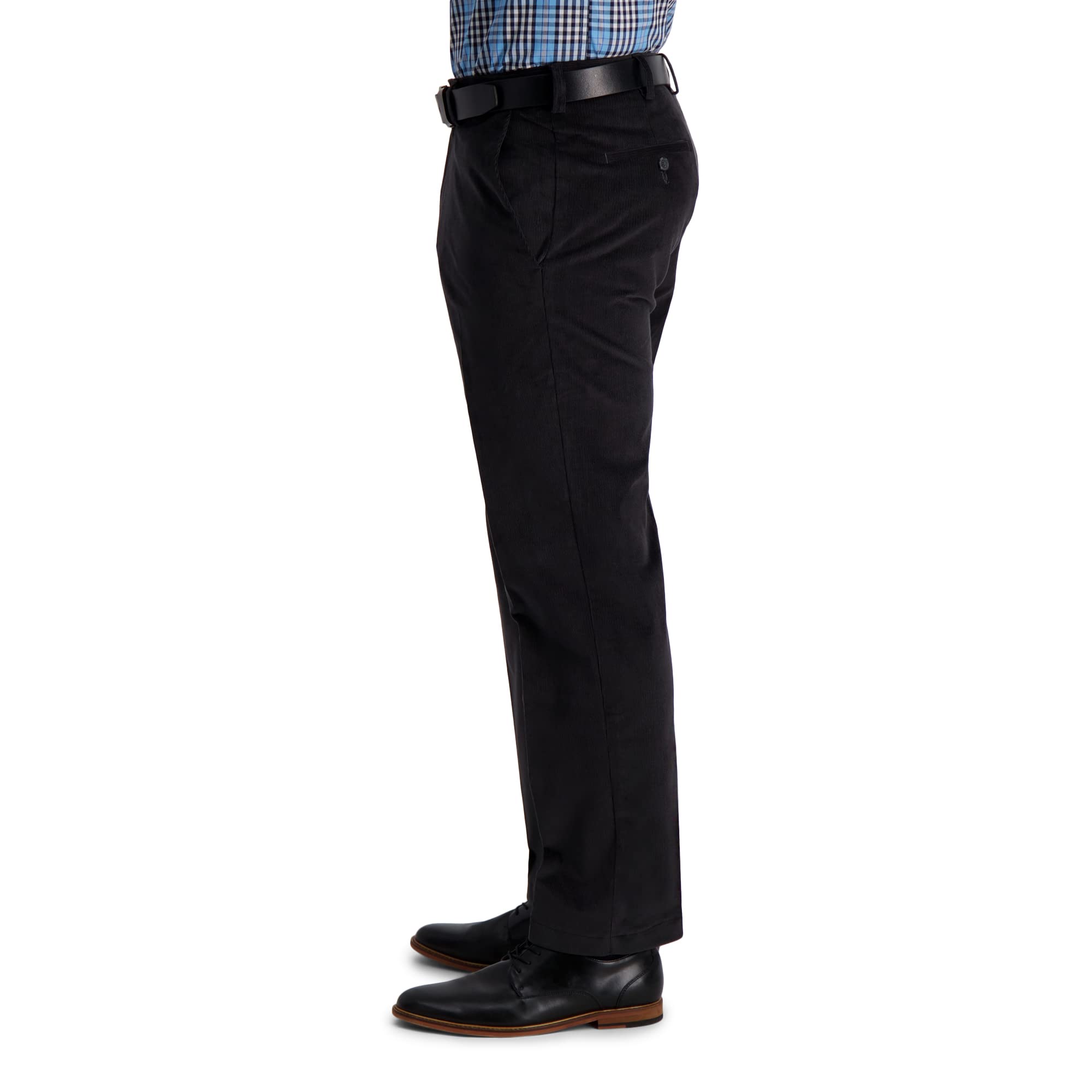 Haggar Mens Stretch Corduroy Expandable Waist Classic Fit Flat Front Casual Pants, Dark Grey, 34W X 30L Us