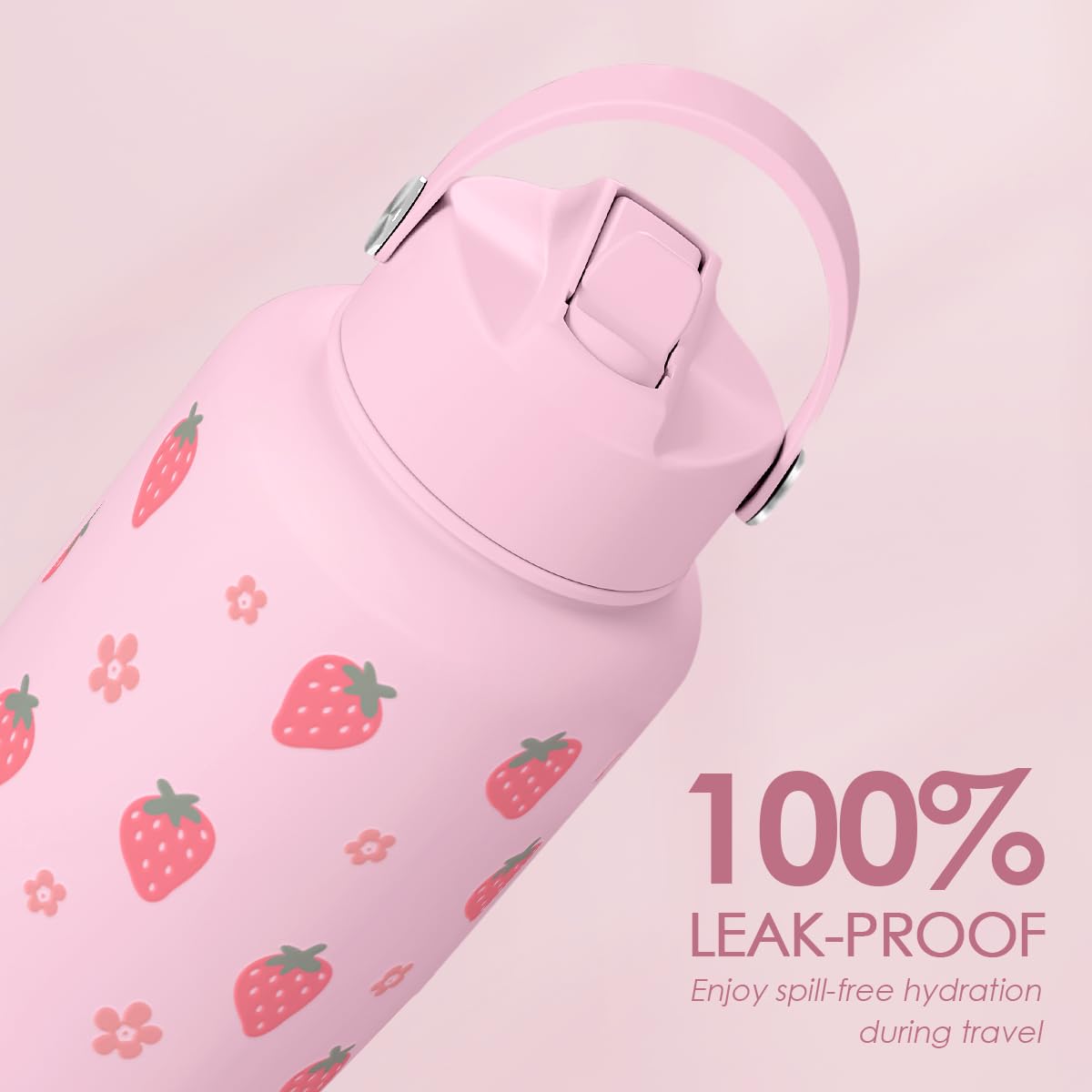 Strawberry Water Bottle 32oz Stainless Steel with Lid & Straw, Insulated Bottles for Women Girls, Gifts Ideas for Birthday Chris
