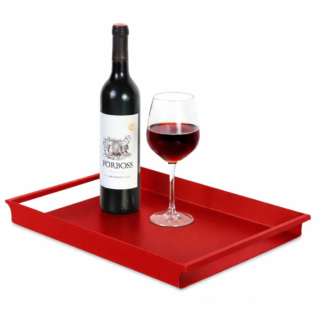 Ogfc 57552 Decorative Serving Tray, Modern Matte Red Metal Rectangle Ottoman Coffee Table Tray With Sleek Rounded Cutout Side Ha