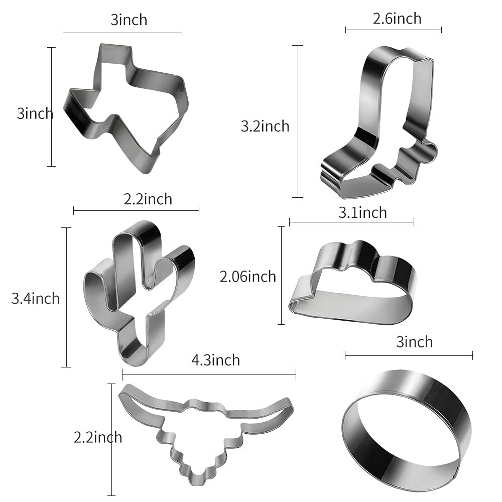 Aoerfes 6 Piece Cowboy Cowgirl Boot Texas Cutter Set, Western Cookie Cutters Cowboy Hat,Longhorn, Cactus Cutter Shaped Stainless