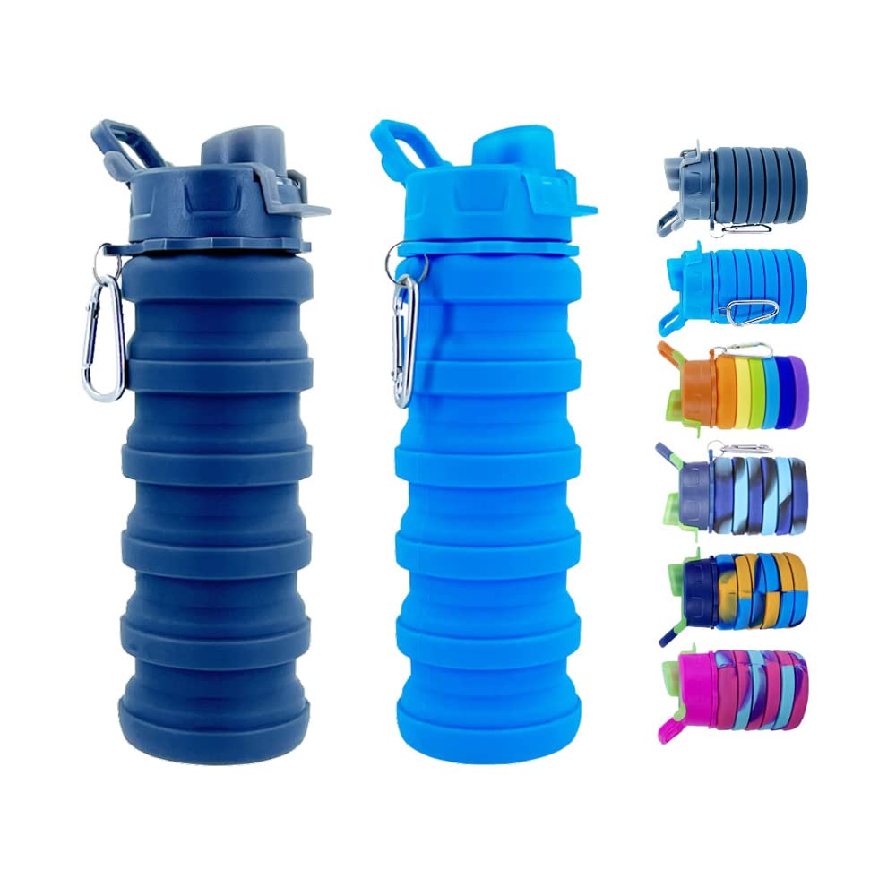konlongzan Collapsible Water Bottles 2 Pack Silicone Water Bottle with Carabiner Expandable Water Bottle 500ml Portable Sport Wa