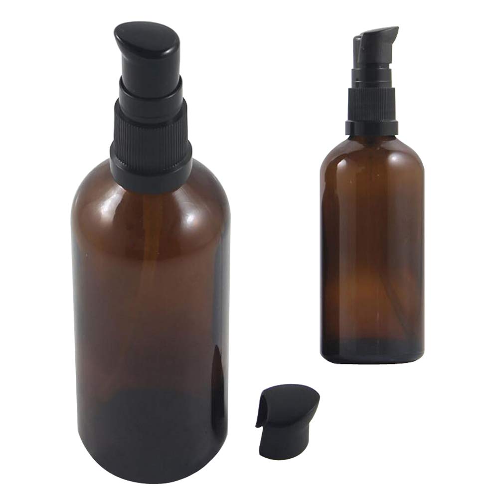 Upstore 2Pcs (100Ml/ 3.4Oz) Amber Glass Empty Pump Press Bottles With Cap Refillable Portable Bottle Vial Case Makeup Pot Jar Tr