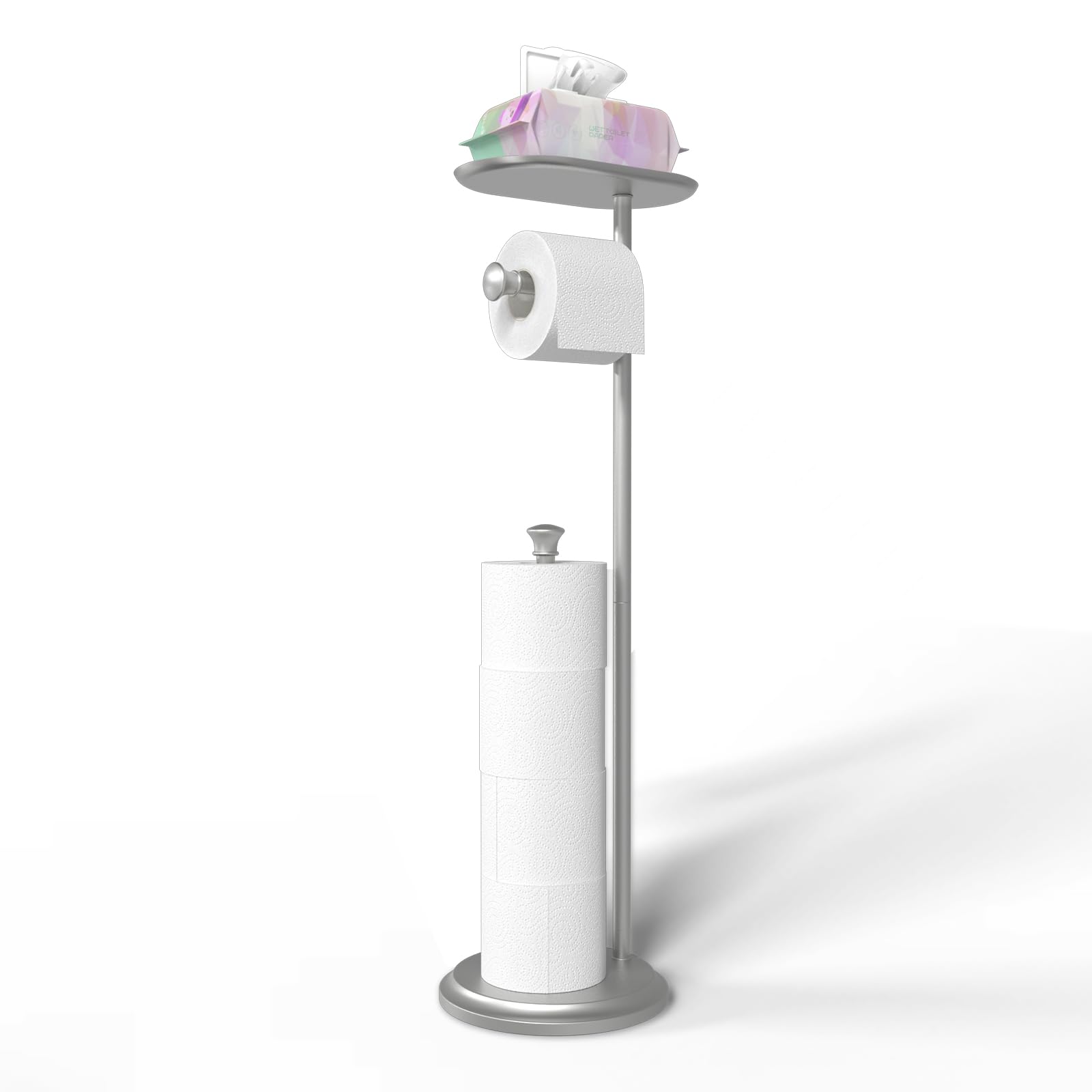 Freestanding Toilet Paper Holder With Shelf And Reserve For Small Bathroom Storage, Holds 5 Mega Rolls/Phone/Wipes Nickel