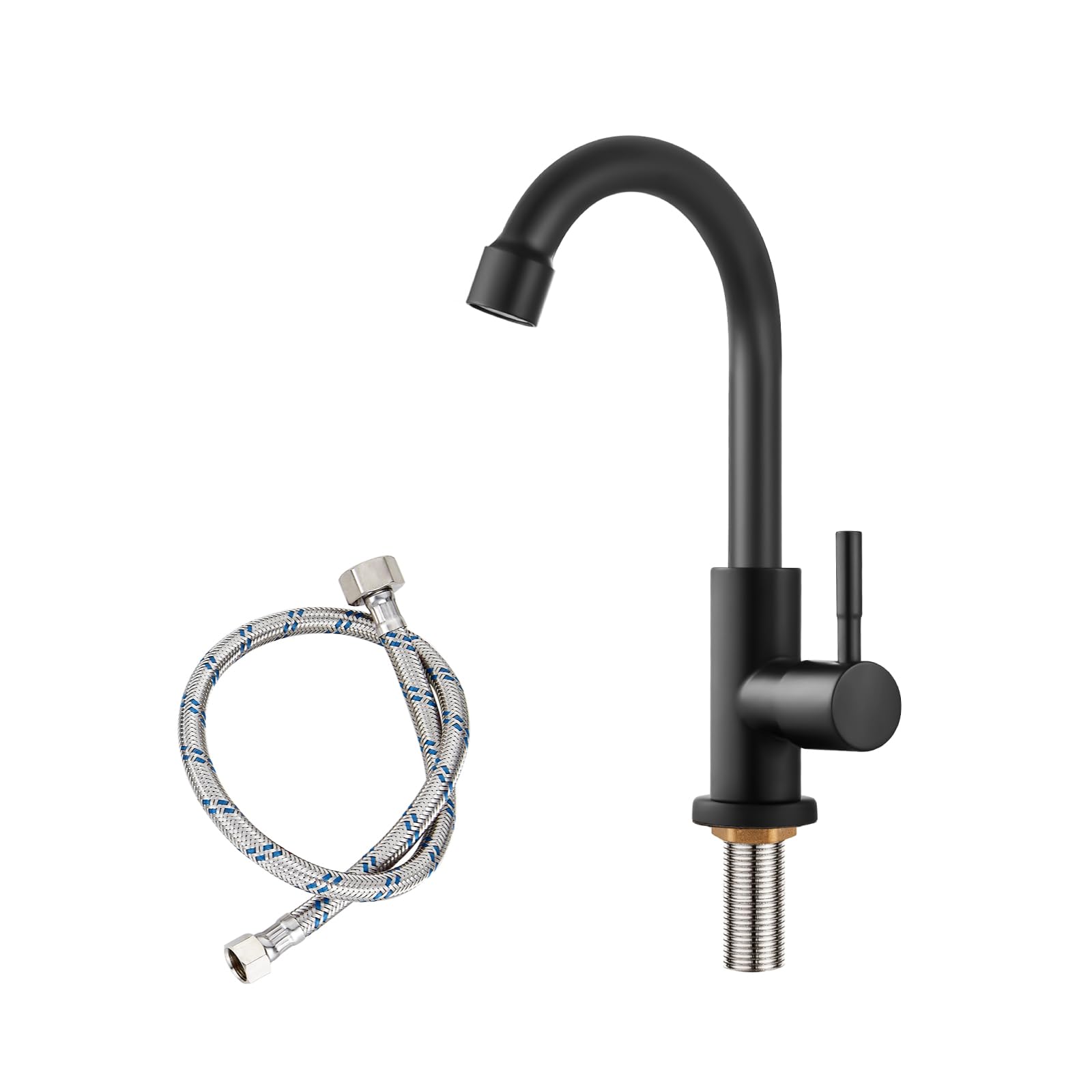 Matte Black Cold Water Only Kitchen Faucet Single Handle 1 Hole Deck Mount 360 Degree Swivel Spout High Arc SUS304 Stainless Ste