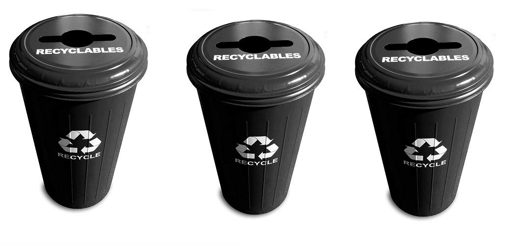 Witt Industries 10/1CTBK Steel 20-Gallon Recycling Trash Can with Combination Top  Legend ''Recyclables  Recycle''  Round  30'' Height  Black (Pack of 3)