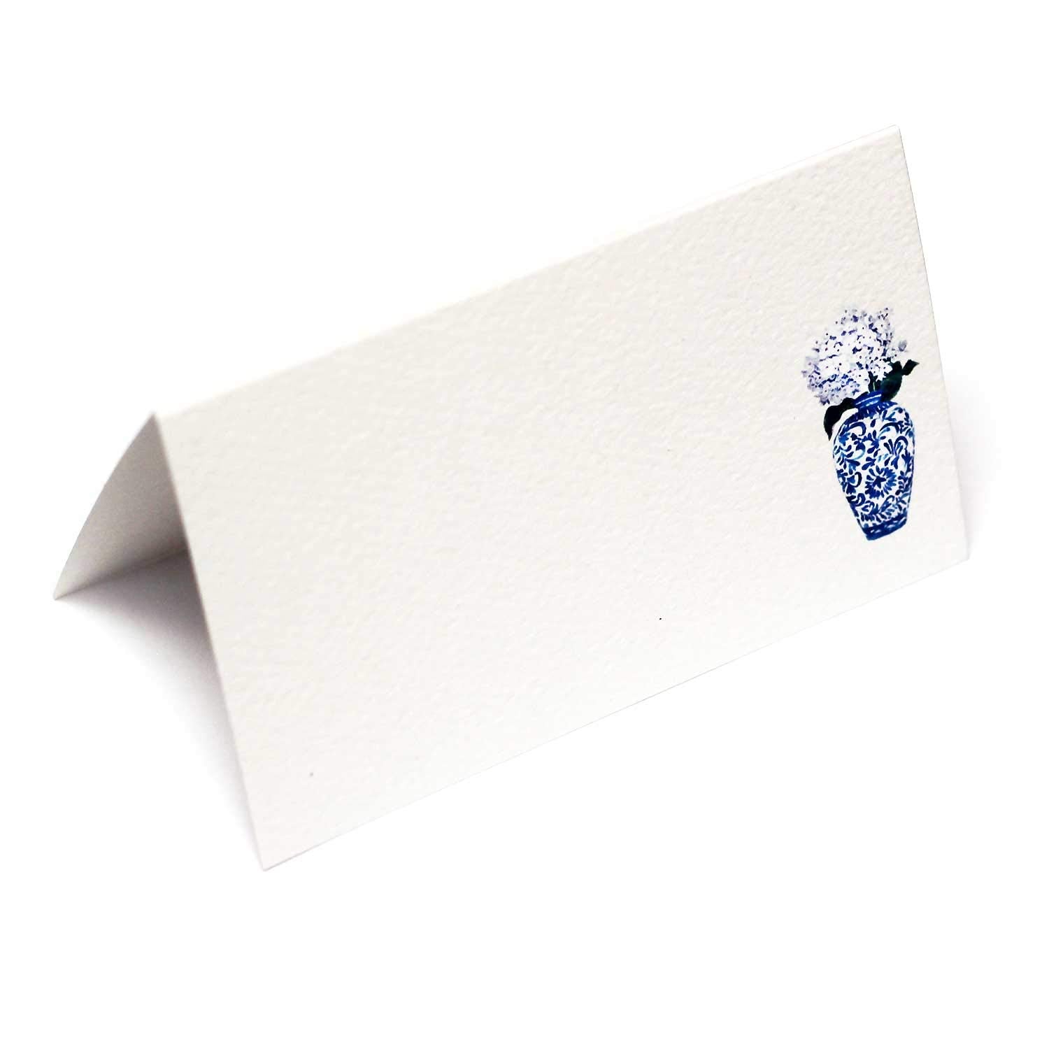 Nancy Nikko Place Cards With Blue And White Ginger Jar With White Flowers, Table Tent Style, Scored For Easy Folding. Available