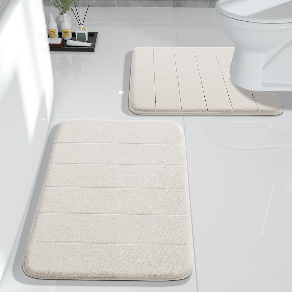 Yimobra Memory Foam Bath Mat Set, 2 Piece Soft Bathroom Rugs,17X24 And 24X20.4 U-Shaped Bathroom Rug, Toilet Mat, Water Absorpti
