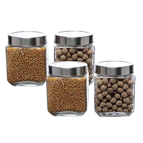 Simparte Glass Jar Barni 1300Ml Transparent Square Container Set Of 4 With Airtight Steel Lid For Pantry Storage Of Pickles, Cer