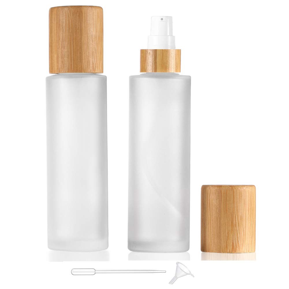 Frosted Glass Lotion Bottle,2 Pack Cosmetic Cream Bottles With Bamboo Lid Empty Travel Spray Bottles Pump Dispenser For Essentia