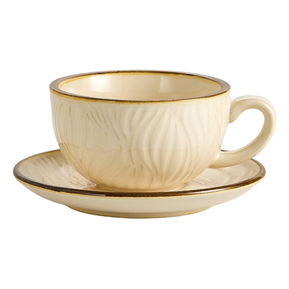 Coffeezone Vintage Design 12 oz Ceramic Latte Art Cappuccino Barista Cup with Saucer (Wave Beige)