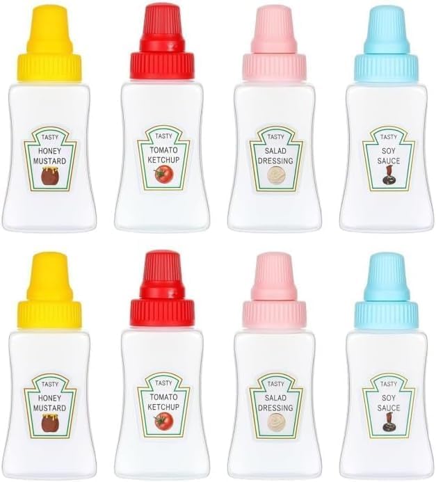 Qemixly 8 Pcs Mini Ketchup Bottles, Portable 25ml Small Condiment Squeeze Bottles with Sturdy Screw Cap, Portable Honey Sauce Sa