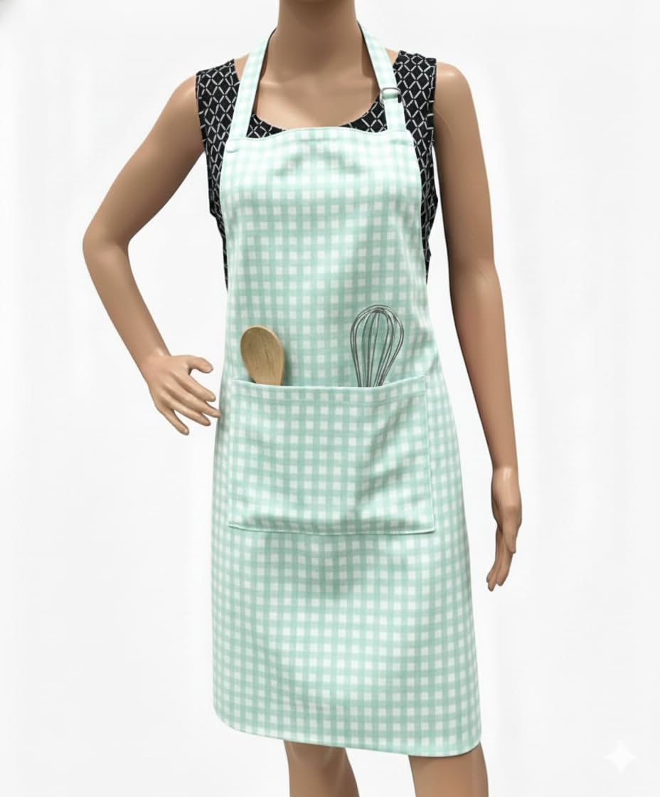 Pixel Home Decor Cotton Apron 100% Cotton Check Kitchen Apron With Front Center Pocket Best Design Apron  New Checks (Teal Chec