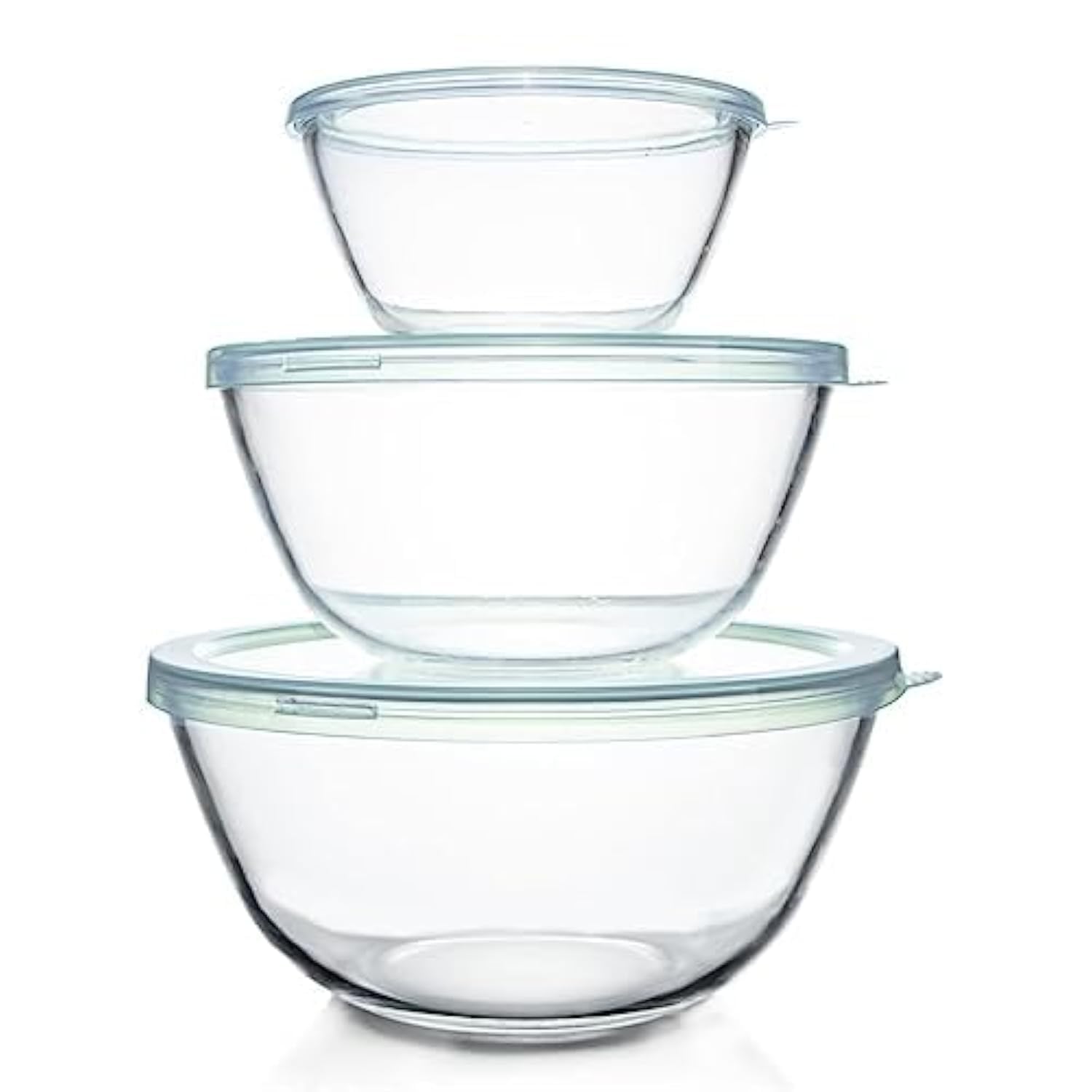 Luvan Glass Mixing Bowl With Lids Set(4.5Qt,2.7Qt,1.1Qt), 3Pc Large Glass Mixing Bowls Set, Glass Nesting Bowls, Clear Salad Mix