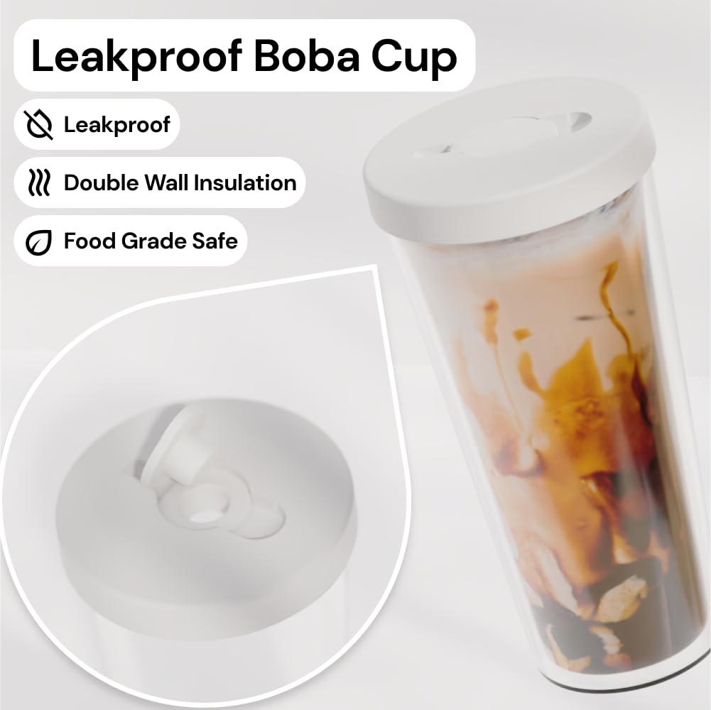 Reusable Boba Cup With Resealable Lid Plug - 17 Oz Double Wall Insulated | Smoothie Tumbler | Wide Stainless Steel Straw For Bub