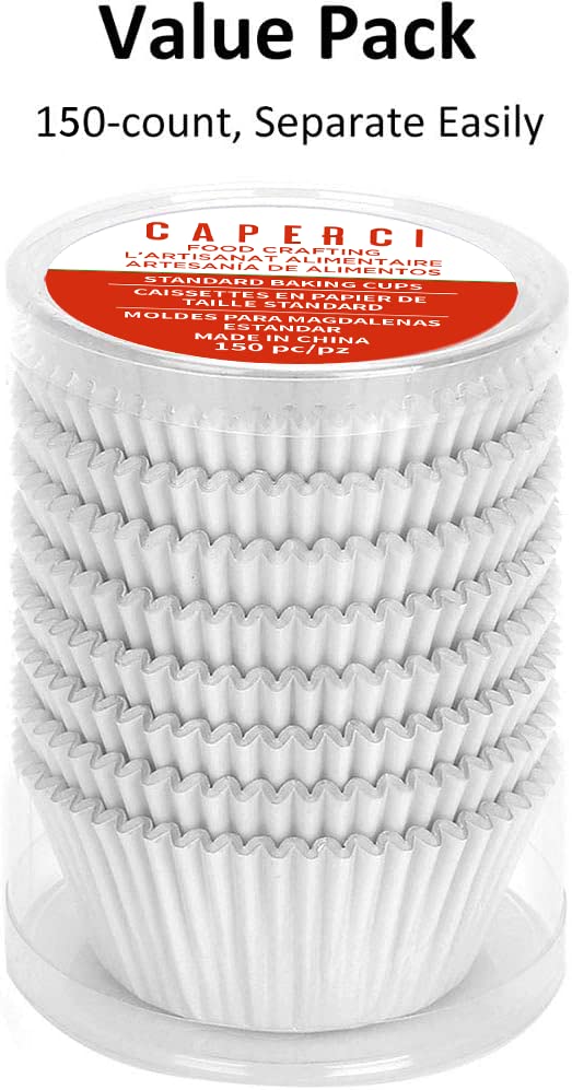 Caperci White Foil Cupcake Liners Standard Muffin Wrappers 150-Pack - Premium Greaseproof & Sturdy Cupcake Papers For Baking