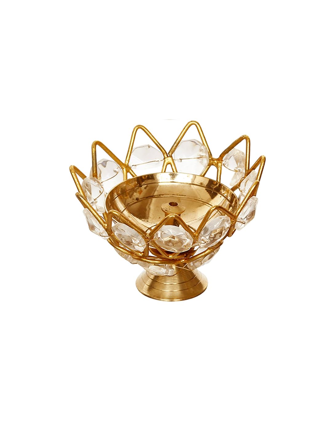 eCraftIndia Lotus Shape Crystal Golden Brass Diya for Diwali, Navratri, Dussehra, and Other Festive Occasions