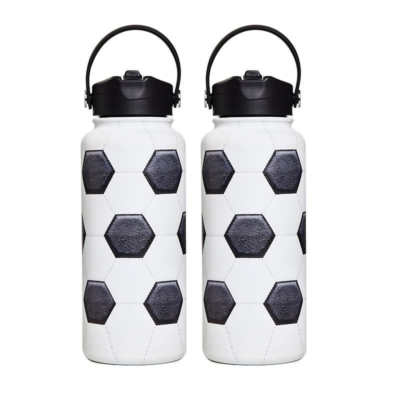 2Pack Pingzzking Insulated Stainless Steel Water Bottle, Soccer 32 oz Double Wall, LeakProof Lid, BPAFree, with Straw (2, Socc