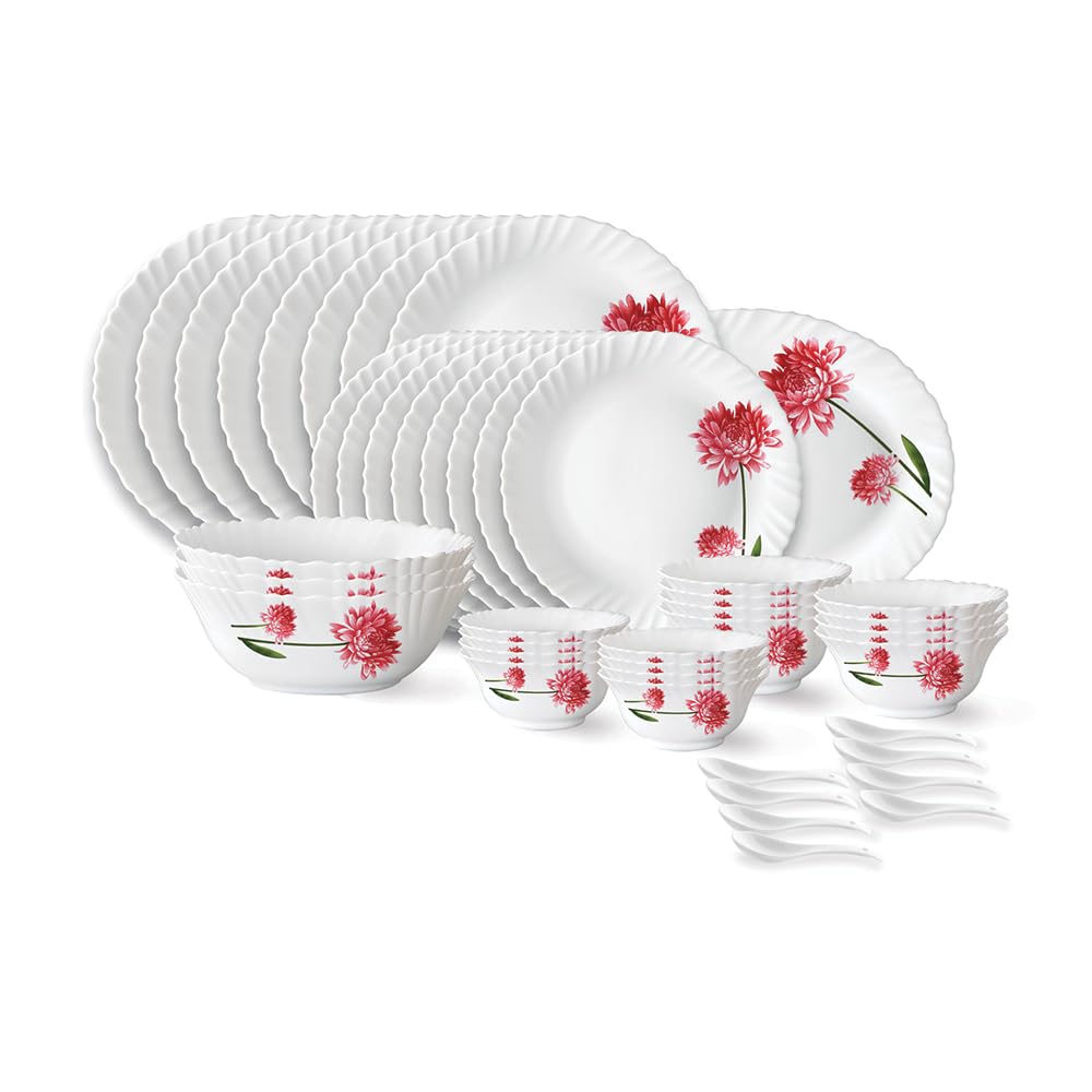 Larah By Borosil Belle Fluted Series Opalware Dinner Set | 44 Pieces For Family Of 8 | Microwave & Dishwasher Safe | BoneAsh Fr