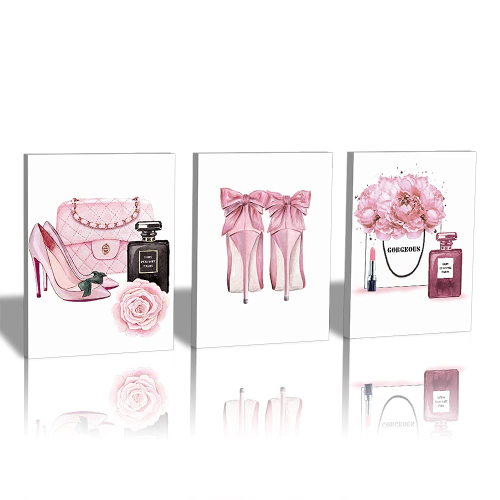 Hpniub Fashion Women Art Print Pink High Heels Flowers Painting Set Of 3 Pieces (11.8X15.6Inch) Canvas Perfume Poster With Frame