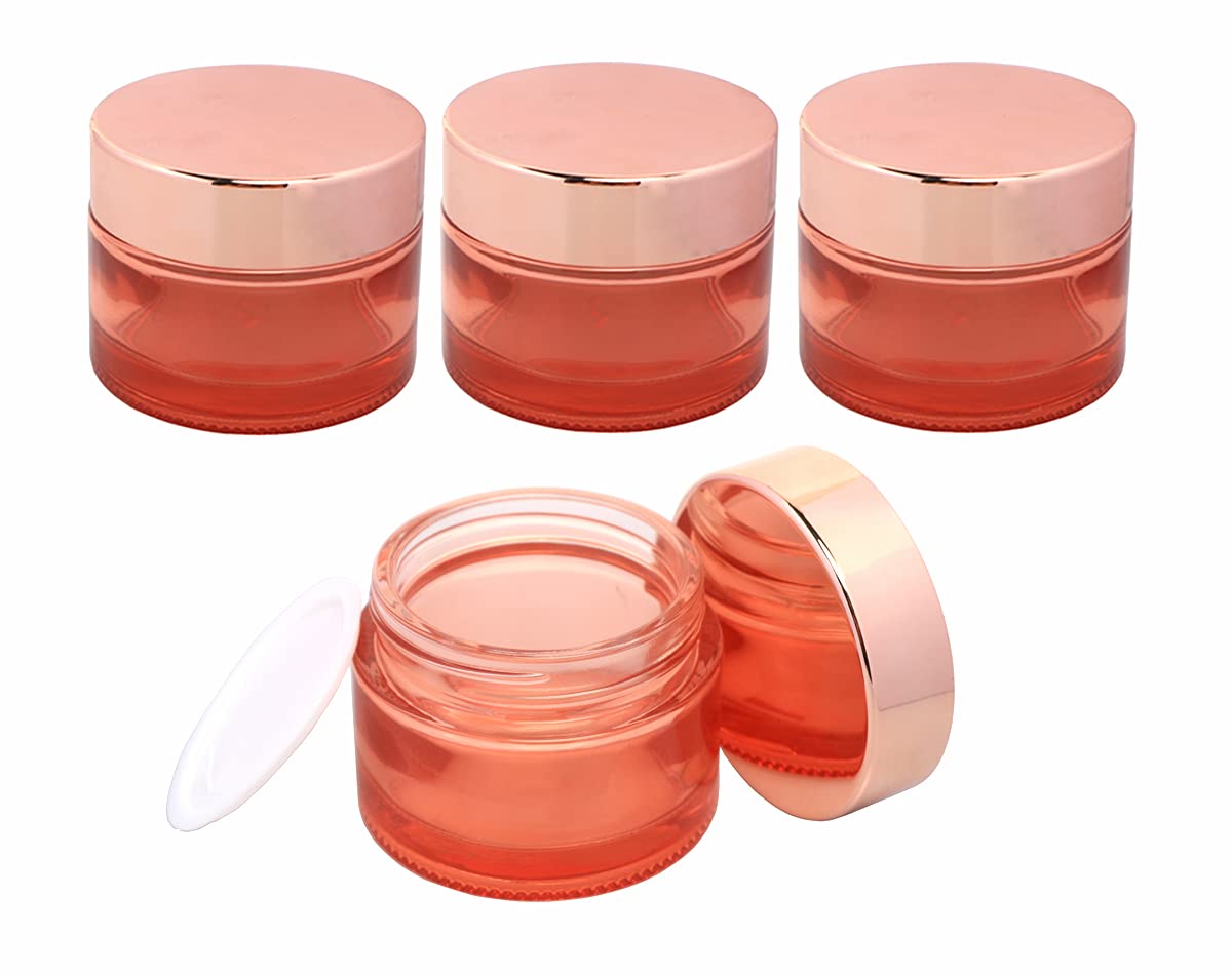 Wresty Pink Glass Jars 4 Pack Cosmetic Containers Empty Makeup Cream Travel Sample Bottles With Inner Liners & Rose Gold Lids Fo
