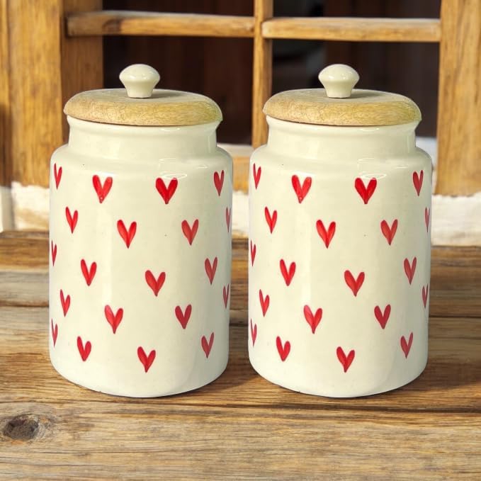 Ocean Store Airtight Ceramic Jar With Wooden Lid, 900Ml Pack Of 2, Kitchen Container For Sugar, Tea, Salt, Pickles (Red Heart)