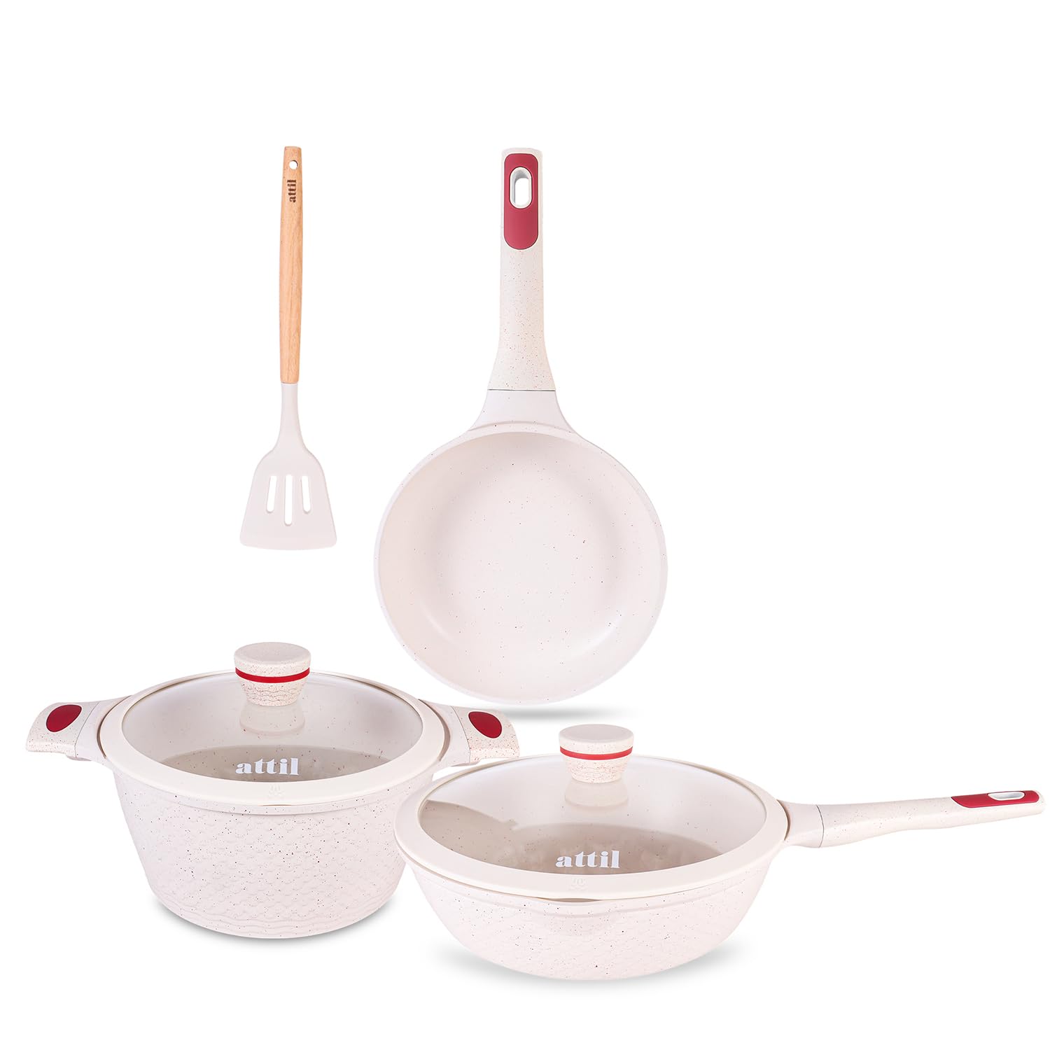Attil - Aluminium - Non Stick 6 Pcs Cookware Set - Induction Cookware Set Of 3 (Frying Pan 24Cm, Wok Pan 28Cm And Handi 24Cm) - 