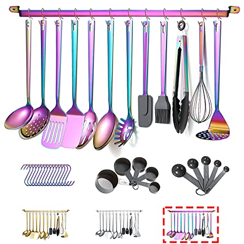 Rainbow Cooking Utensils Set, Kyraton Stainless Steel 37 Pieces Kitchen Utensils Set With Titanium Colorful Plating, Kitchen Too