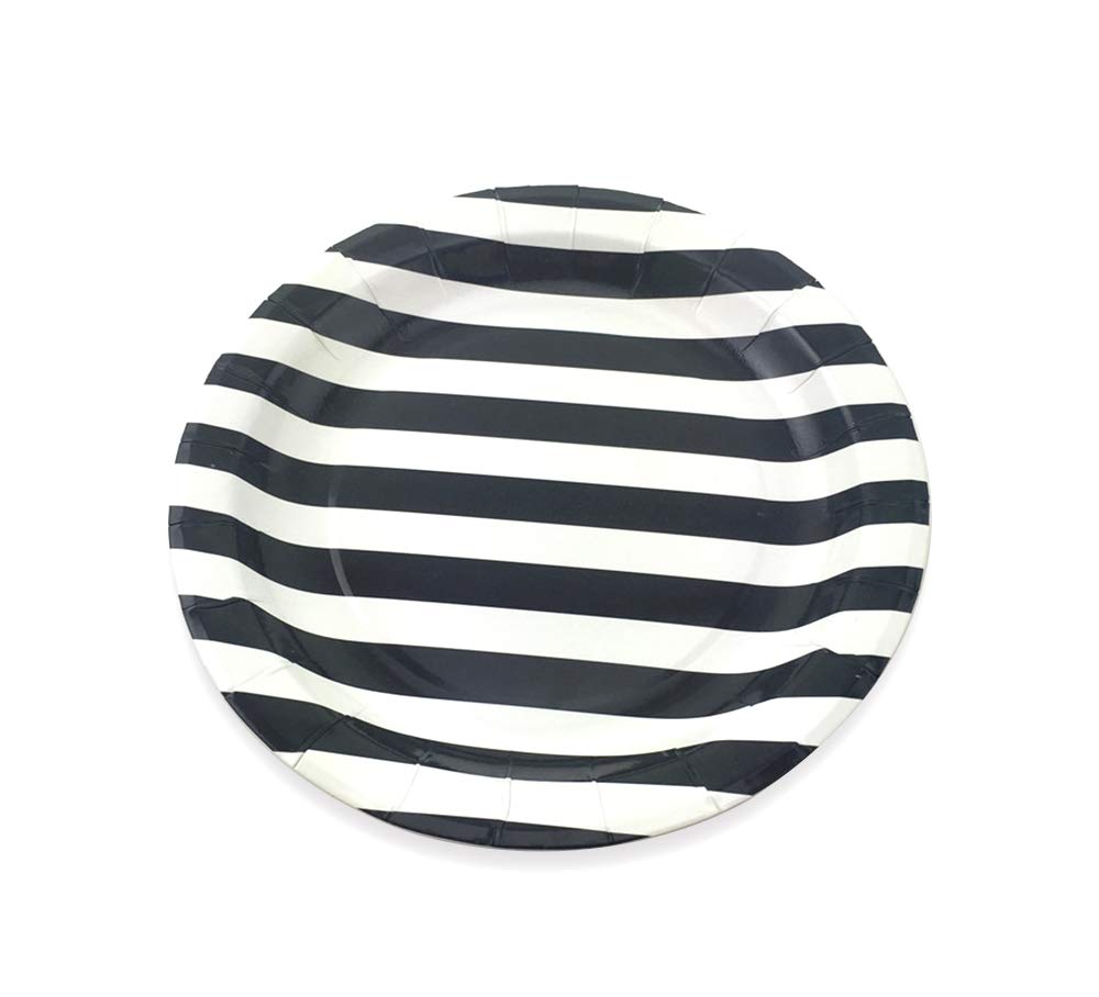 Dulousia Black Striped Paper Plates 36Pcs - 9Inch Round Party Plates For Dessert, Cakes, Fruits