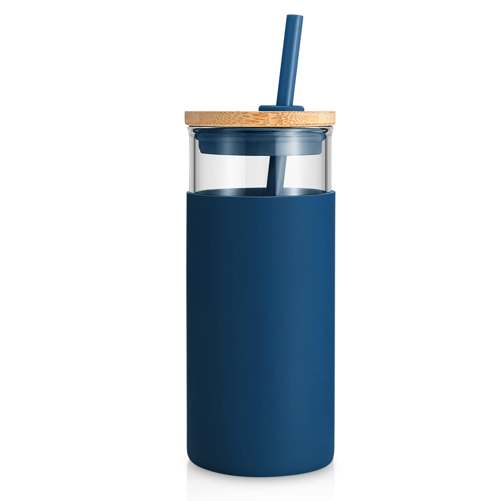 Tronco 20Oz Glass Tumbler Glass Water Bottle Straw Silicone Protective Sleeve Bamboo Lid - Bpa Free (Blue Horizon/ 1 Pack)