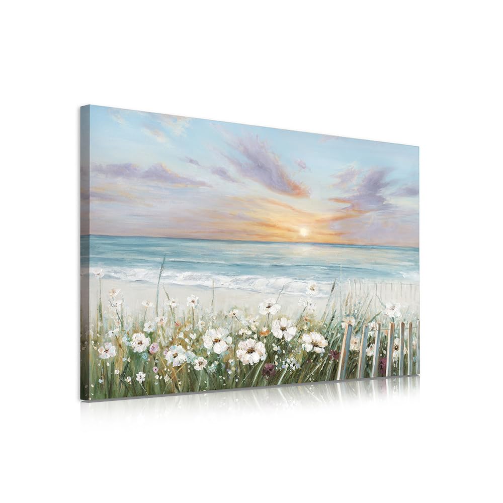 Ocean Sunset Canvas Prints Bathroom Wall Decor Ocean Theme Flower Canvas Wall Art Ocean Beach Sunrise With Blue Sky Beach Pictur
