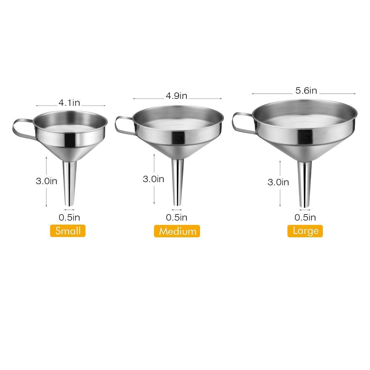 3 Pcs Stainless Steel Funnels Set With Handle Design And Removable Strainer For Transferring Of Liquid, Fluid, Dry Ingredients,