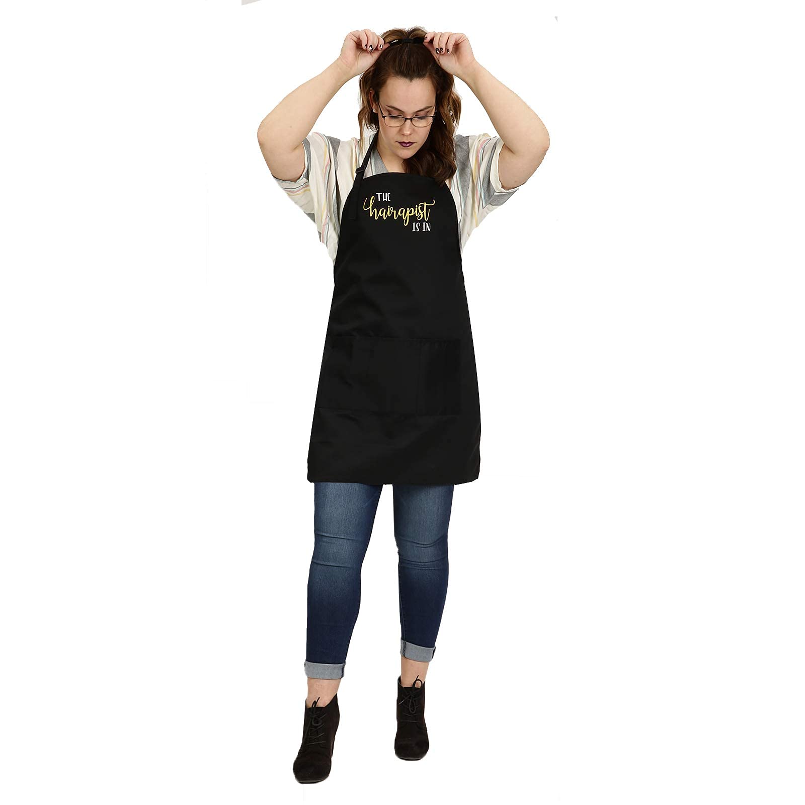 Plum Hill The Hairapist Is In Hair Stylist Salon Apron With Screen Print, Black With 3 Pockets (Hairapist)