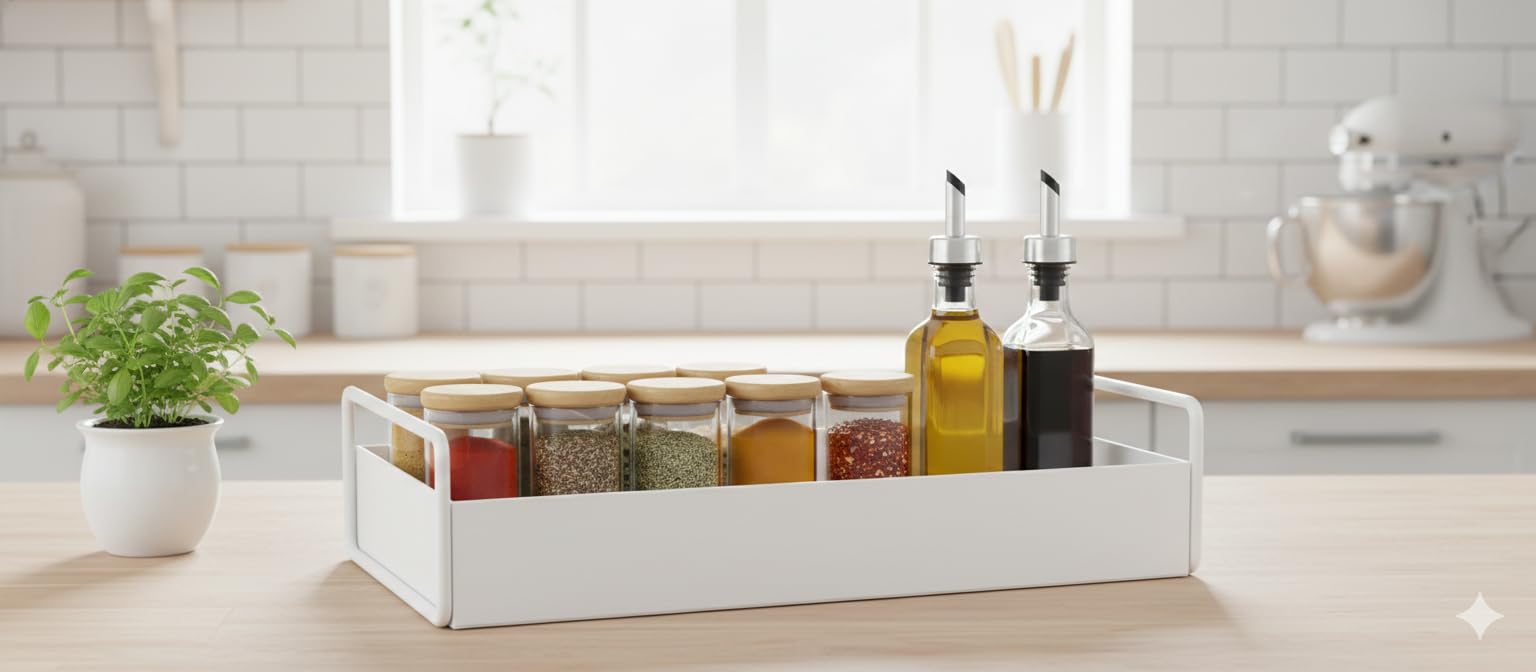 Naoe White Metal Organiser Tray With Handles, MultiPurpose Storage For Kitchen, Bathroom, And Living Room.